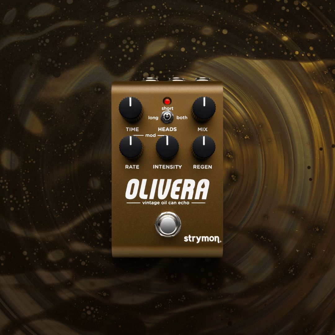 Front view of Strymon Olivera Vintage Oil Can Echo Pedal on oil
