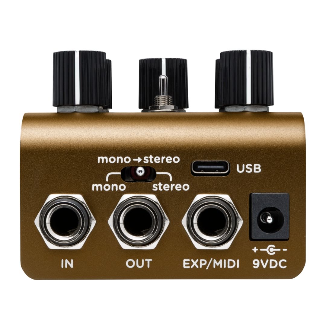 Top jacks view of Strymon Olivera Vintage Oil Can Echo Pedal on white background