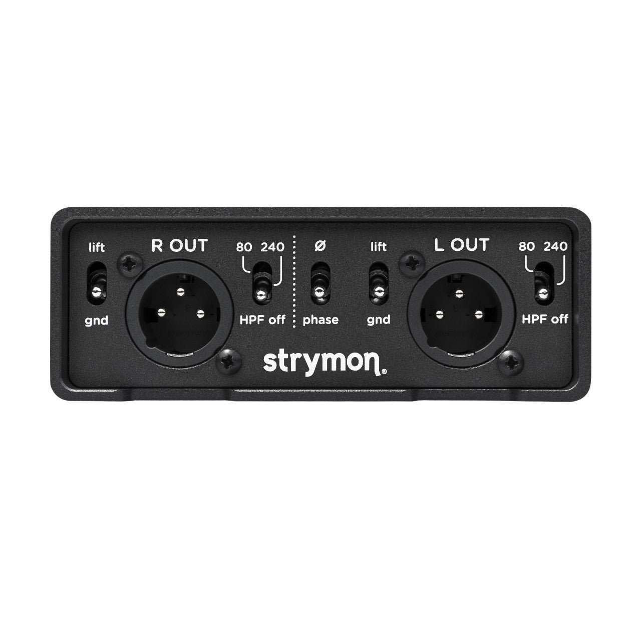 XLR ports and switches view of Strymon PCH X2 Stereo Active DI Isolator on white background