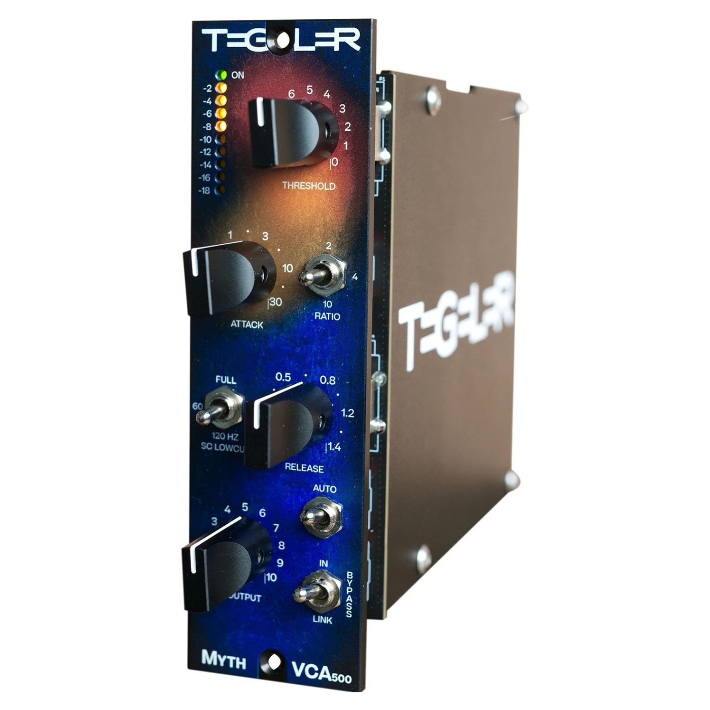 Angled view of Tegeler MythVCA 500 VCA Compressor on white background