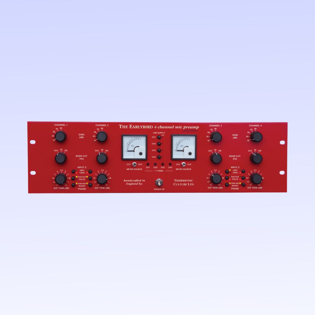 Front panel of red rackmount effect with light purple background