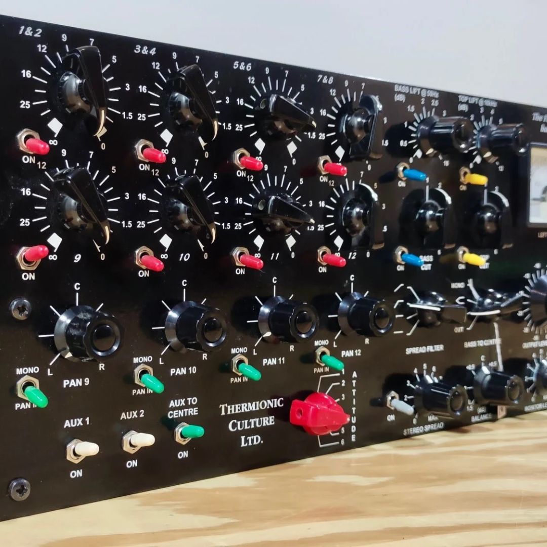 Close up angled shot of black rackmount effect on top of wooden table on gray background