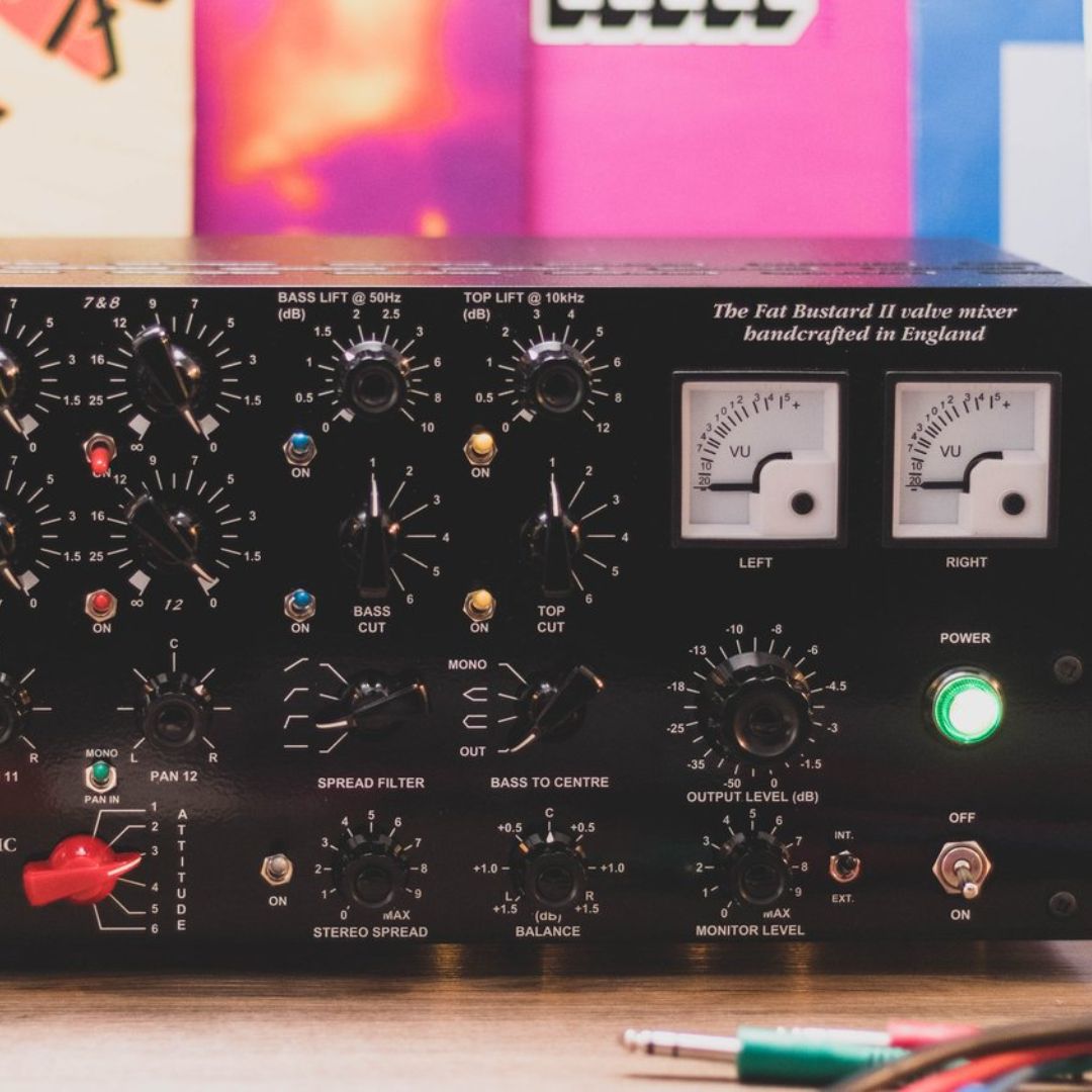 Close up of black rackmount effect on top of desk with colorful background