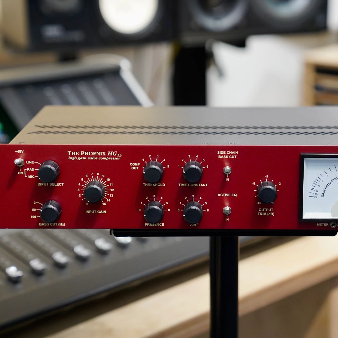 Close up front panel of Thermionic Culture Phoenix HG15 on mount in studio