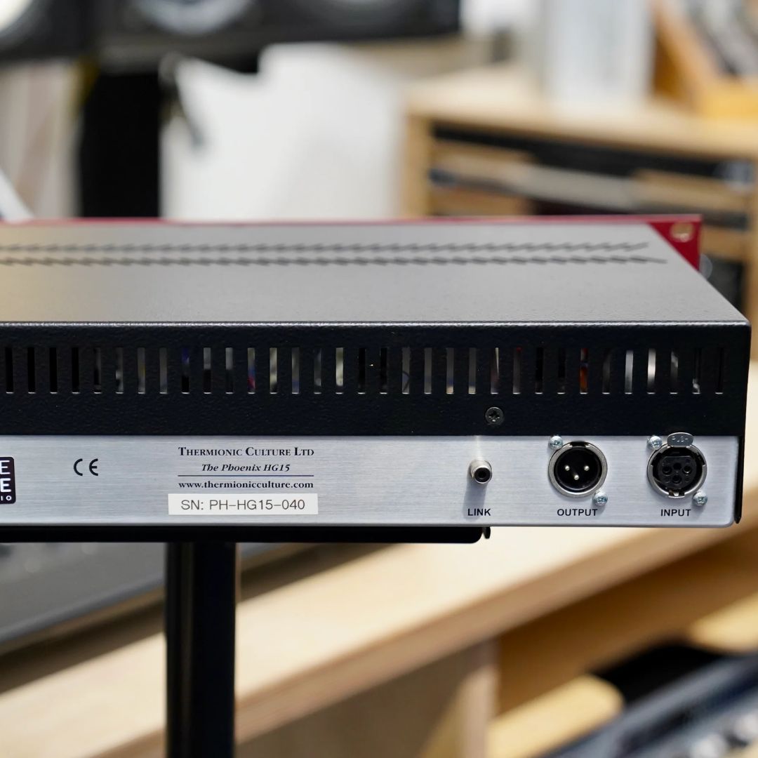 Close up rear panel of Thermionic Culture Phoenix HG15 on mount in studio