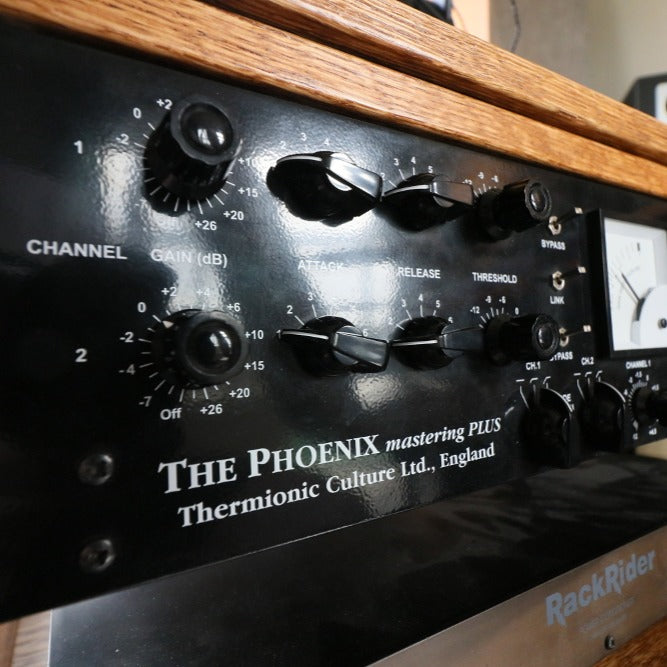 Close up of front panel of Thermionic Culture Phoenix Mastering Plus on rack in studio