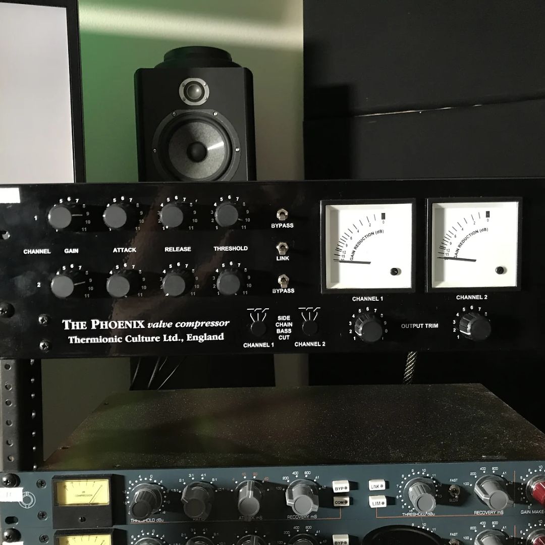 Front view of Thermionic Culture Phoenix SB mounted on rack with studio background