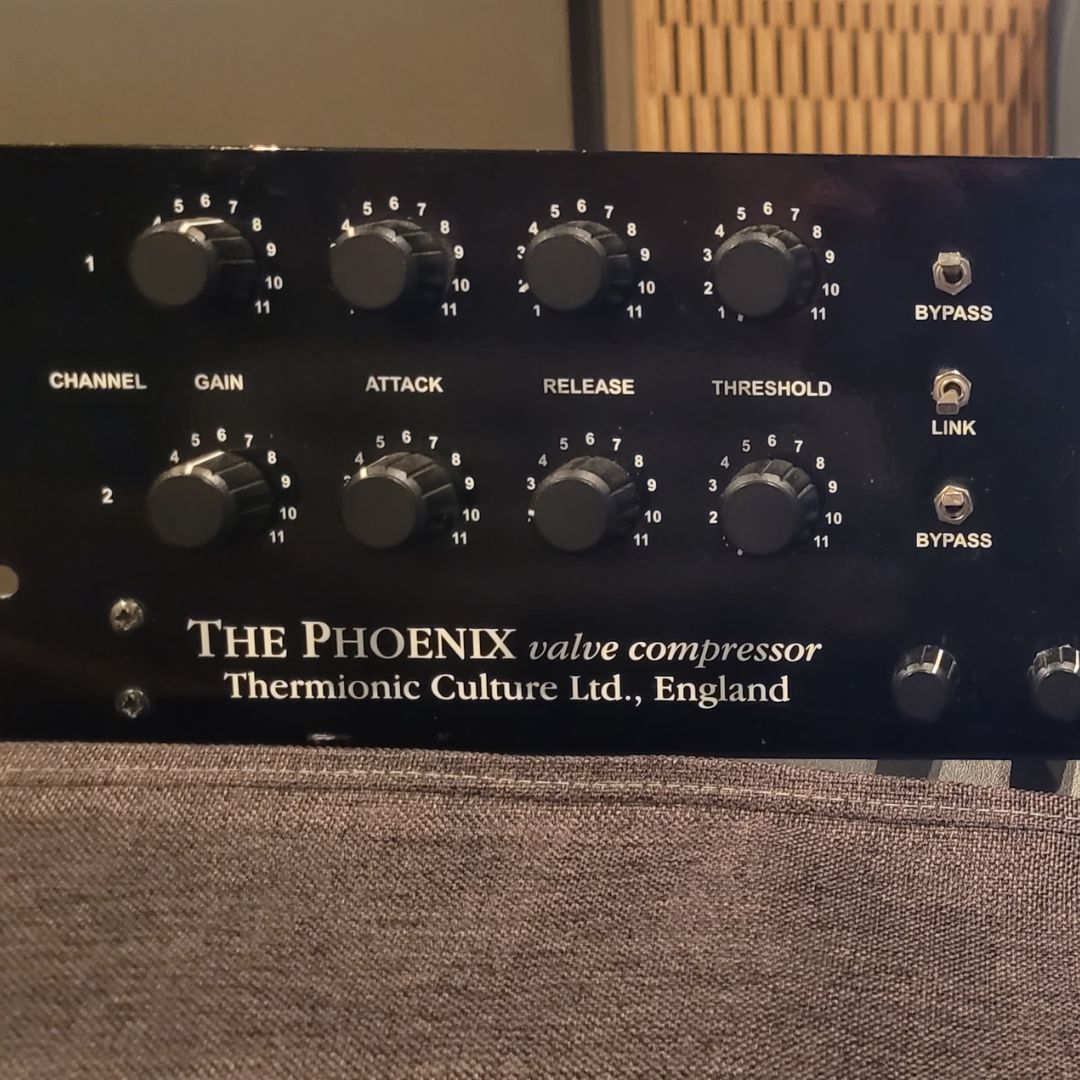 Close up front view of Thermionic Culture Phoenix SB on couch in studio