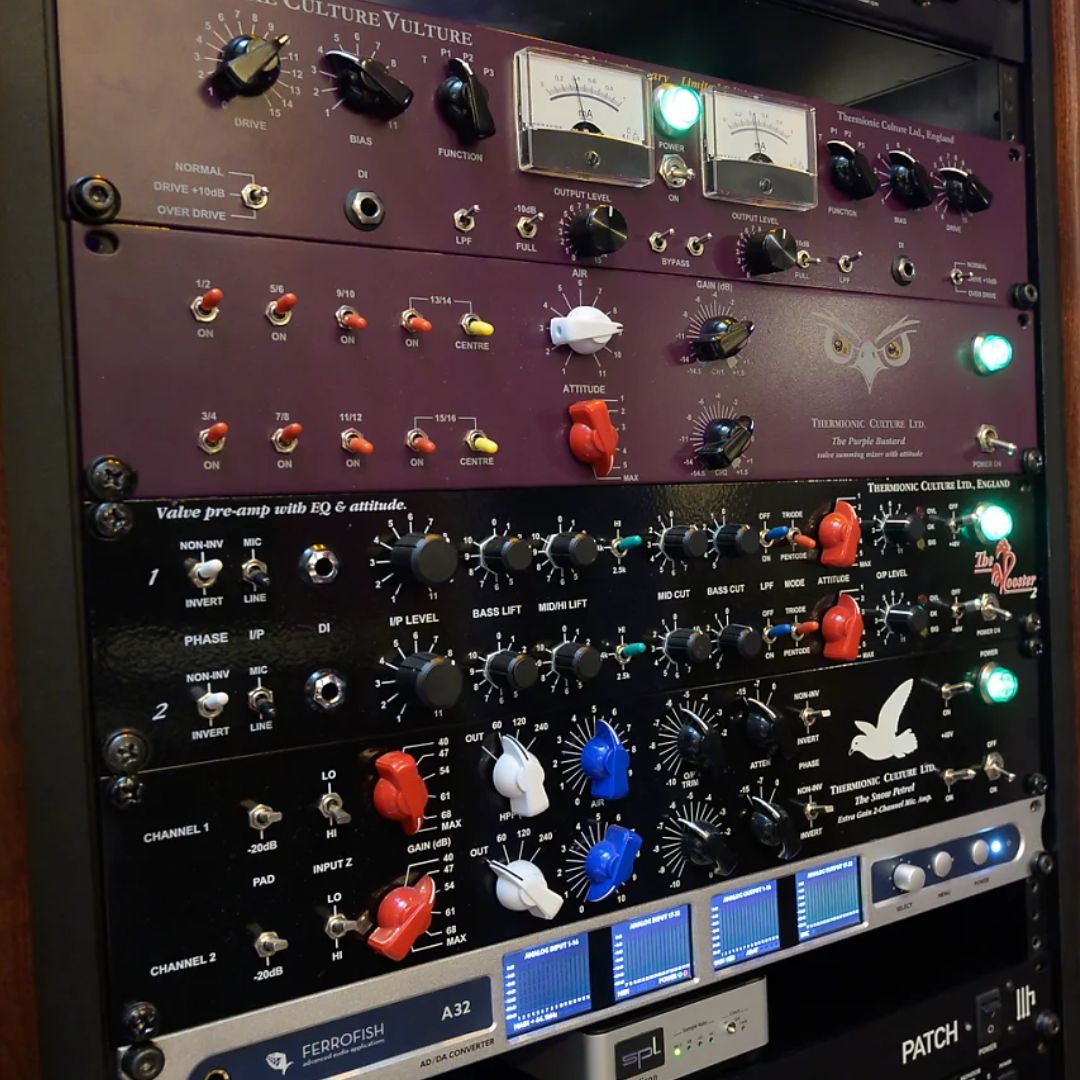 Assorted rackmount effects on rack in studio