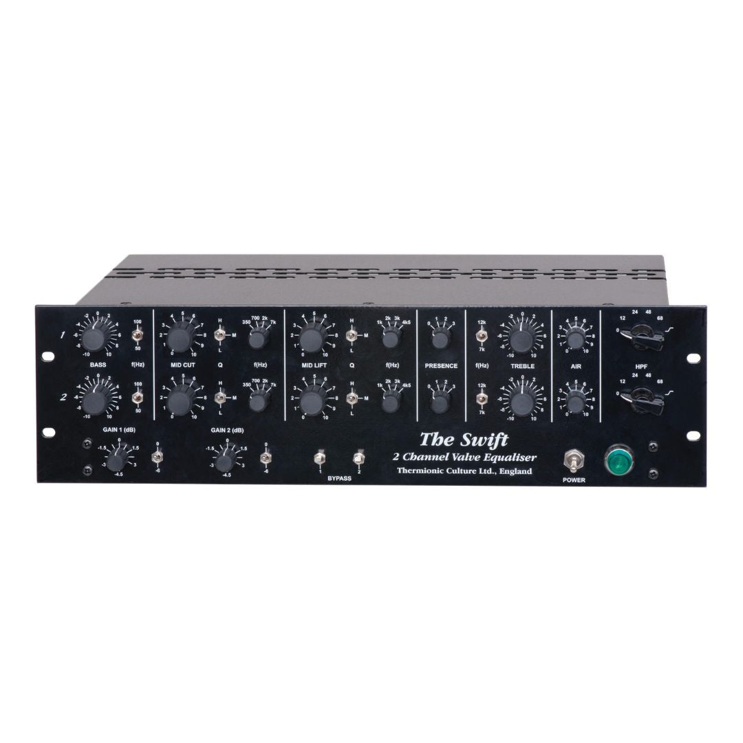 Front panel of black rackmount effect with multiple knobs on white background
