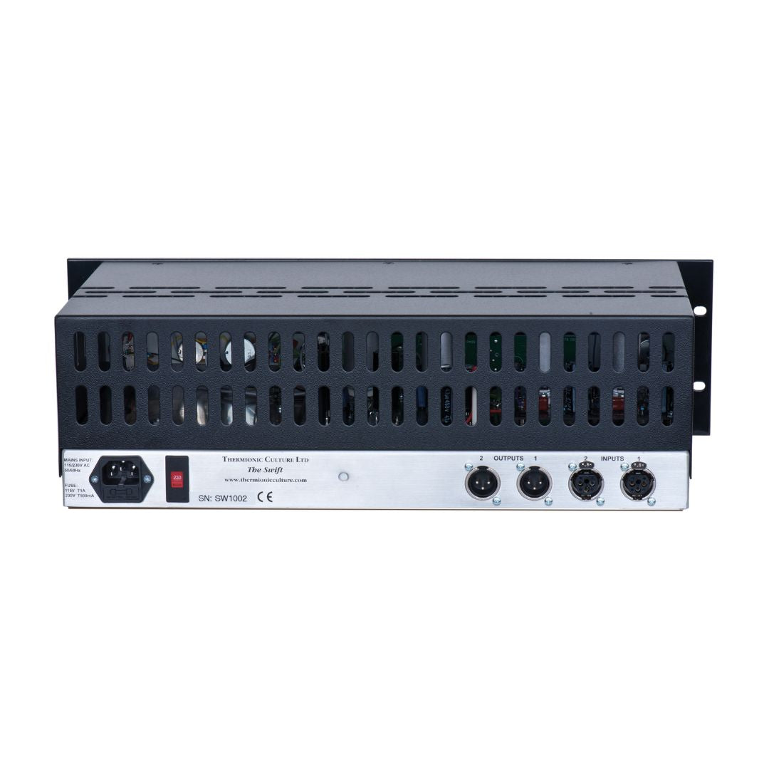 Rear panel of rackmount effect exposing its ventilation and ports on white background