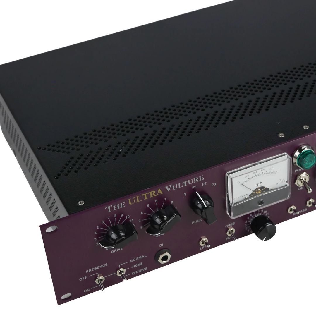 Angled top view of purple and black rackmount effect on white background