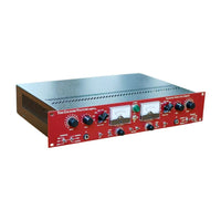 Angled view of front panel of a red rackmount effect on white background