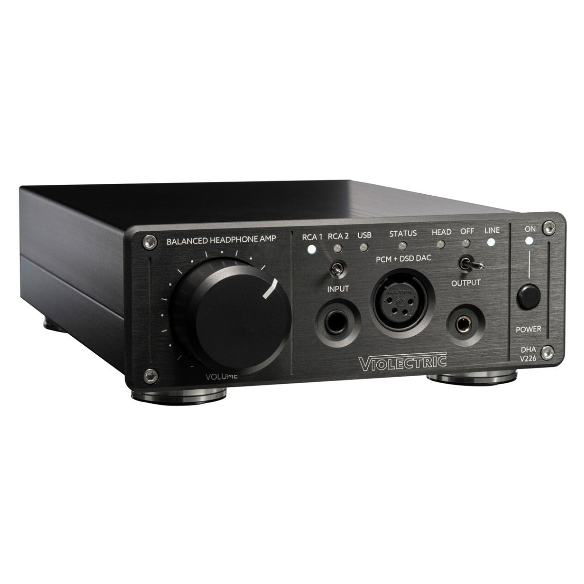 Angled view of Violectric DHA V226 Headphone Amplifier on white background