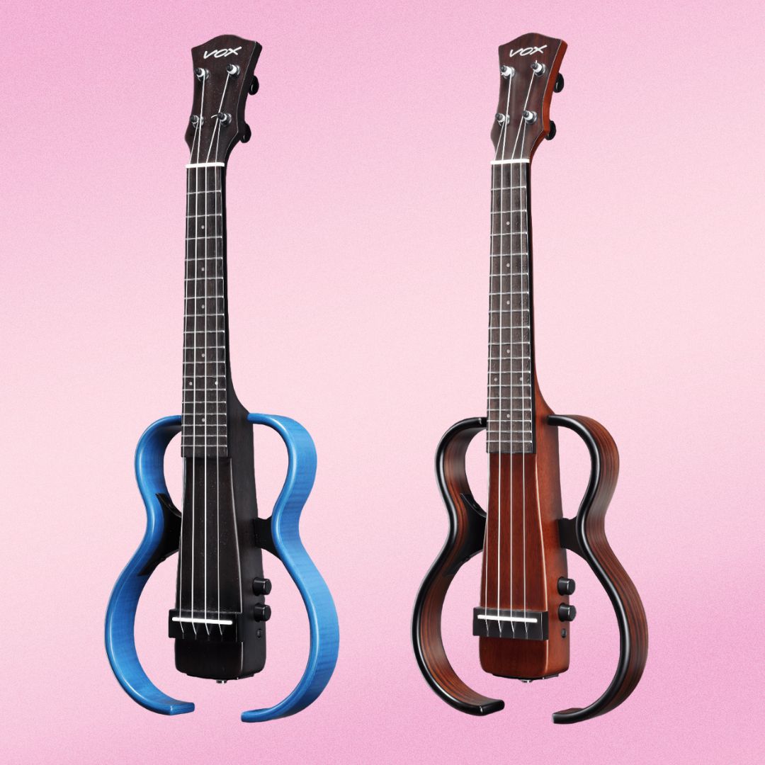 Side by side angled front view of Vox VFU-1 Ukulele Flame Maple Blue and Vox VFU-1 Ukulele Rosewood on pink background