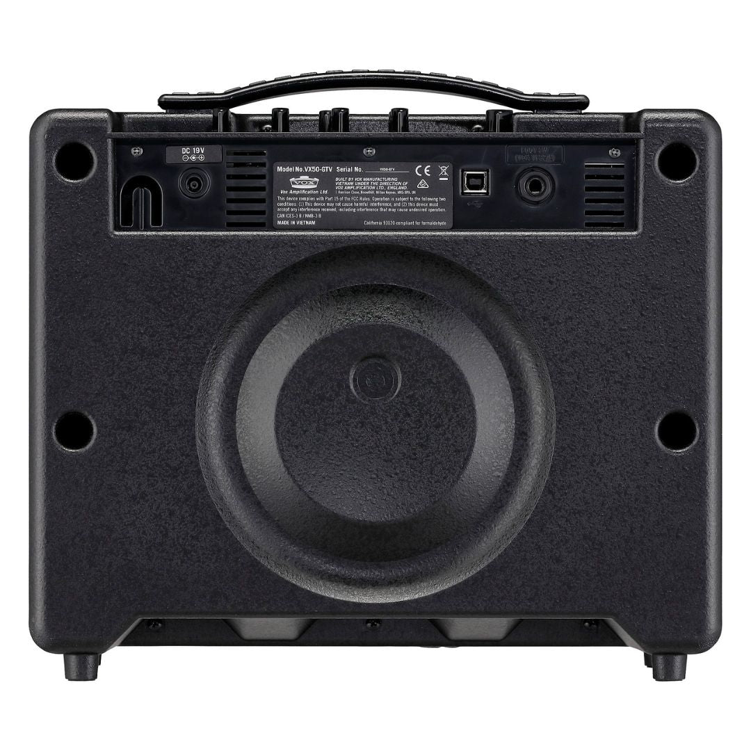 Rear view of Vox VX50GTV Hybrid Modeling Combo Amplifier on white background