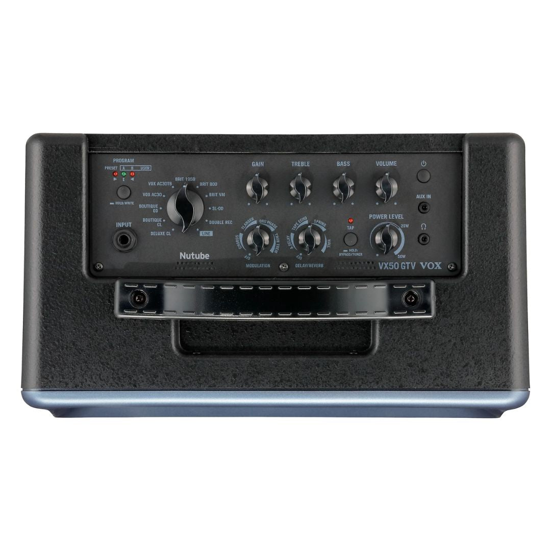 Top view of Vox VX50GTV Hybrid Modeling Combo Amplifier on white background