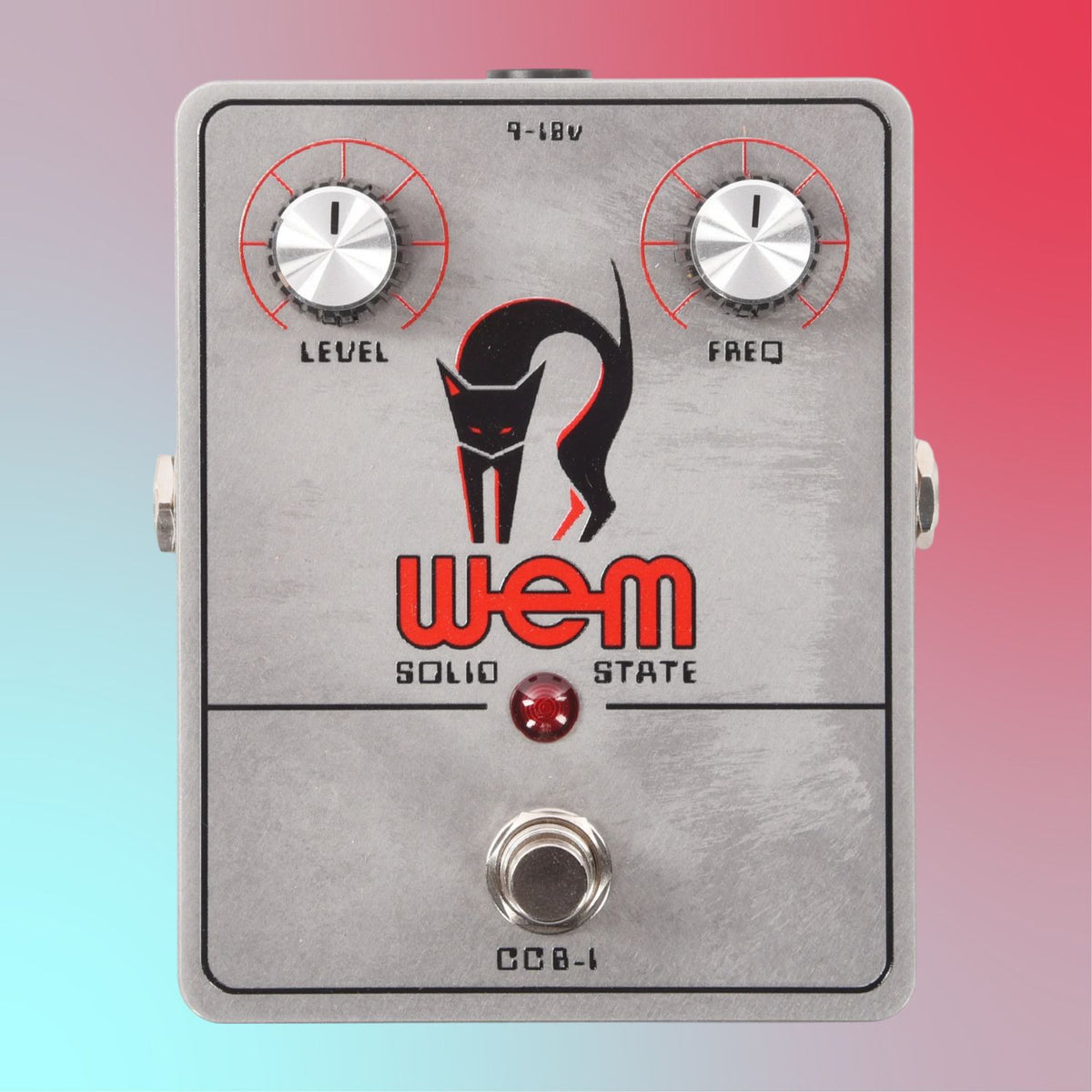 Front view of WEM Custom Copicat Preamp+Boost Pedal on blue and red gradient background