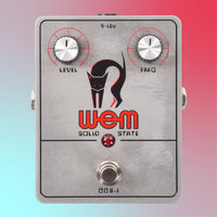 Front view of WEM Custom Copicat Preamp+Boost Pedal on blue and red gradient background