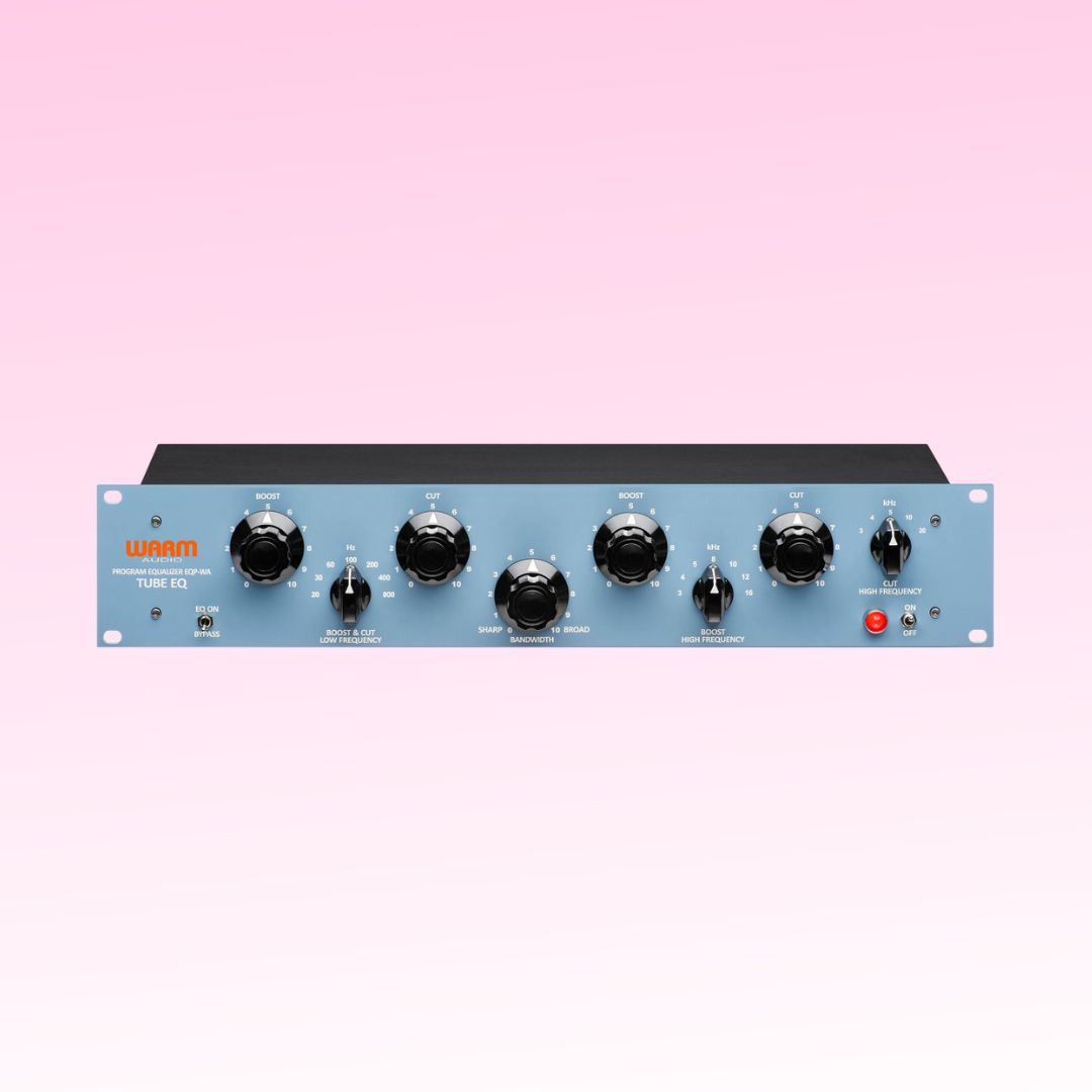 Audio equalizer with black knobs on a pink background