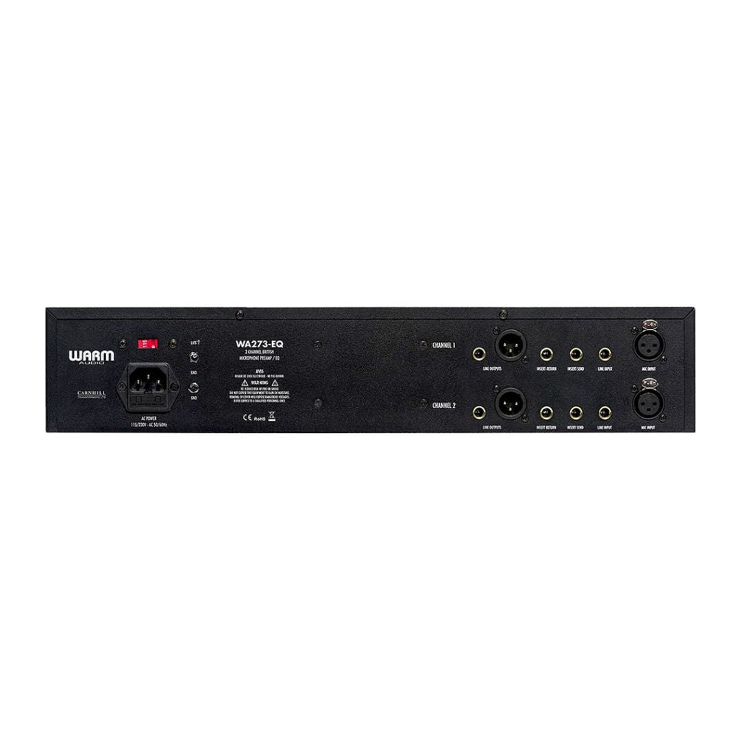 Back panel of an audio equipment unit with various connectors on a white background