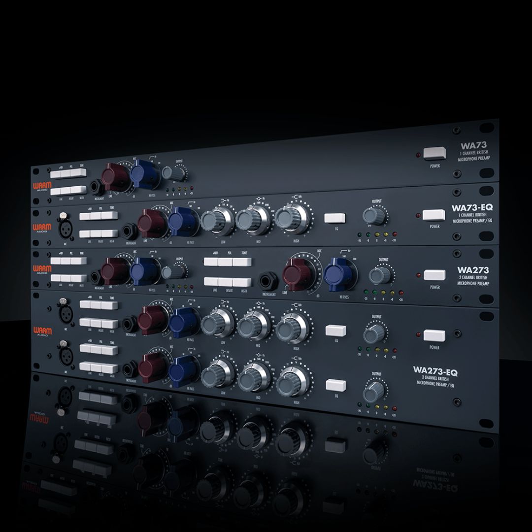 Four black rackmount effects stacked on top of one another with black background