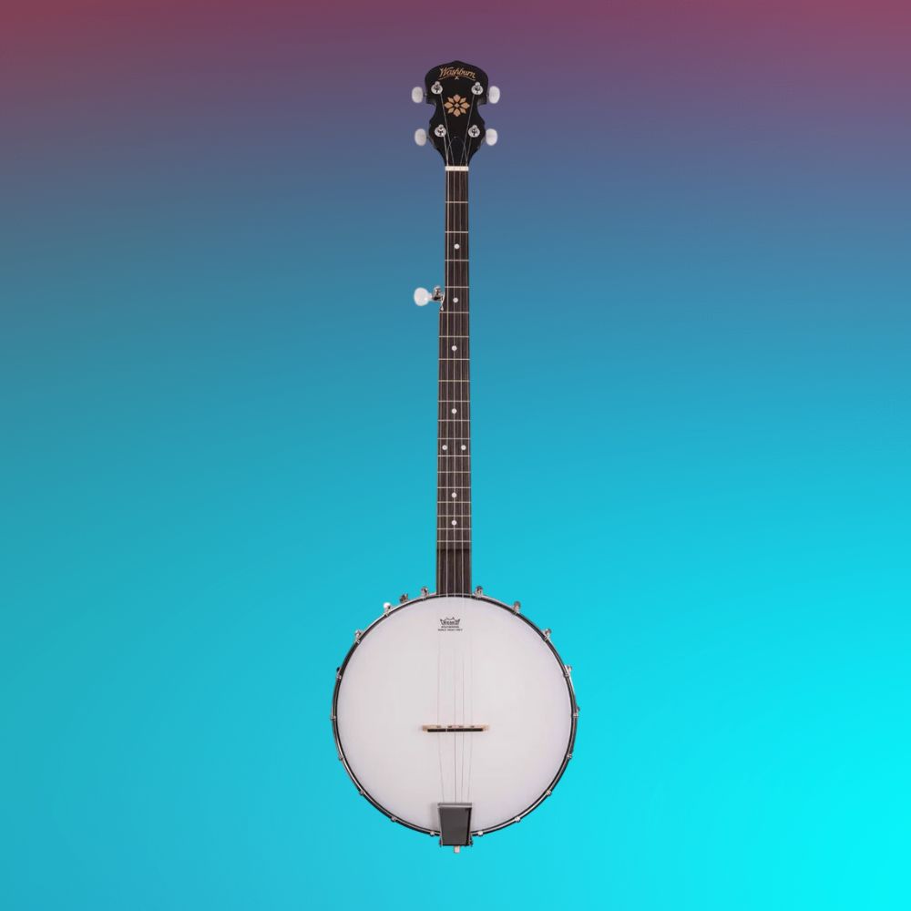 Front view of Washburn B7 Americana 5-String Open Back Banjo on blue gradient background