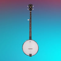 Front view of Washburn B7 Americana 5-String Open Back Banjo on blue gradient background