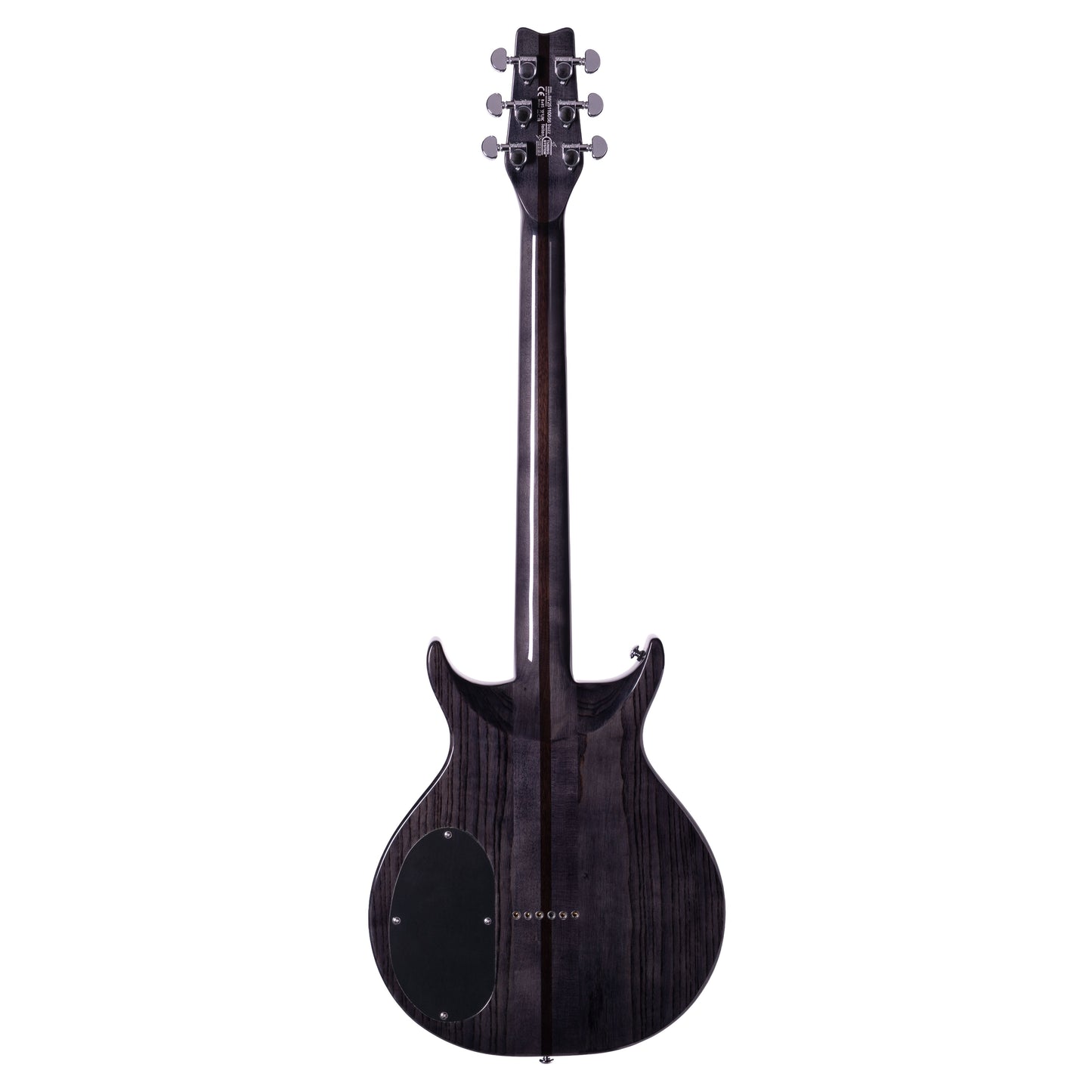 Rear view of Washburn Hawk Electric Guitar Trans Black on white background