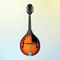 Front view of Washburn M1S Americana Series A-Style Mandolin on blue and yellow gradient background