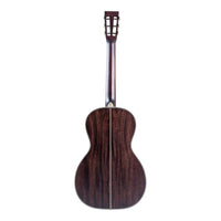 Back view of a wooden acoustic guitar on a white background