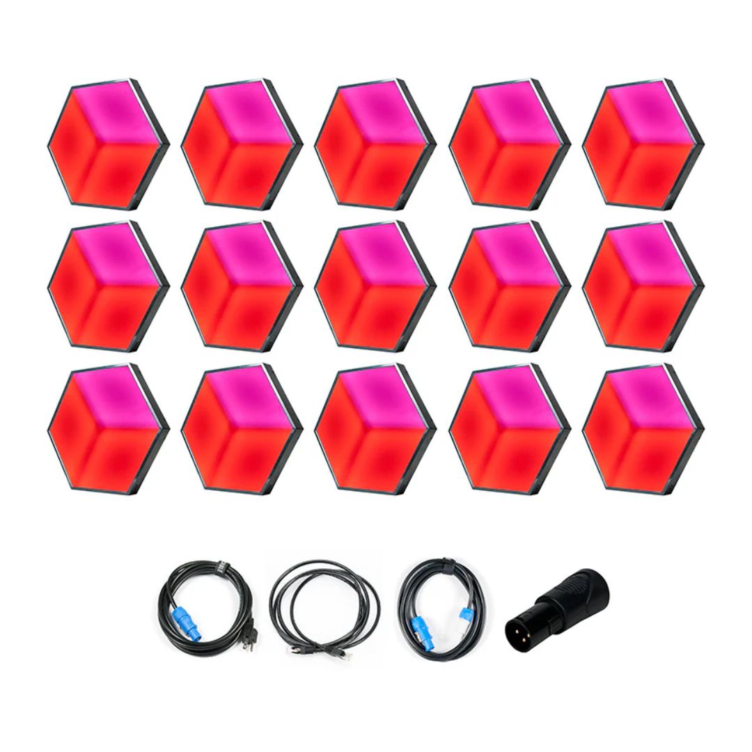 Front view of ADJ 3D Vision Plus Hexagonal LED Panel Fifteen Panels Sys 2 with inclusions on white background