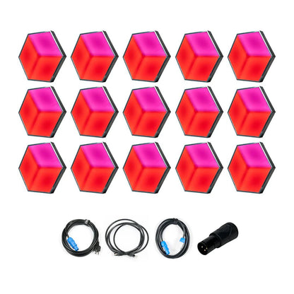 Front view of ADJ 3D Vision Plus Hexagonal LED Panel Fifteen Panels Sys 2 with inclusions on white background