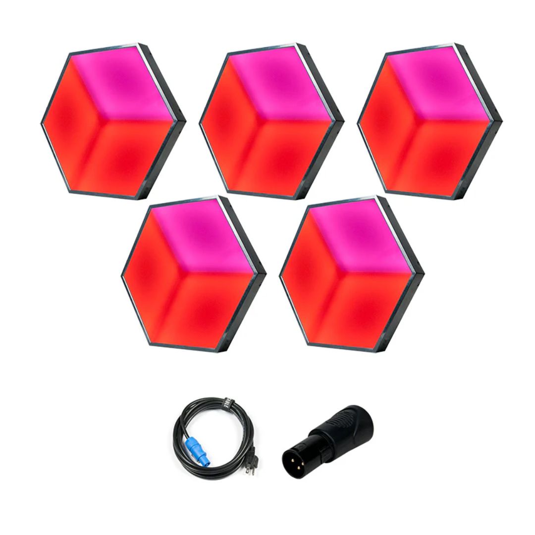 Front view of ADJ 3D Vision Plus Hexagonal LED Panel Five Panels Sys 1 with inclusions on white background