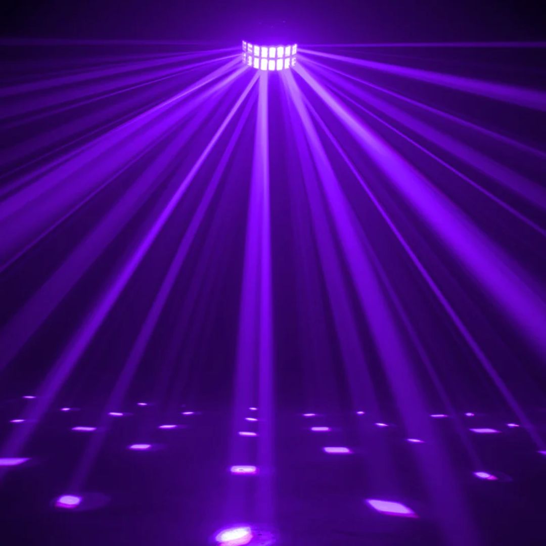 Hanging ADJ Aggressor Hex LED beaming purple lights in dim venue