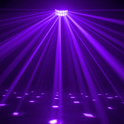 Hanging ADJ Aggressor Hex LED beaming purple lights in dim venue