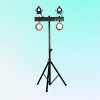 Front view of ADJ Airstream WIFI Bar mounted on lighting stand with lights installed on blue background