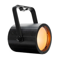 Angled front view of ADJ COB227 COB Cannon LP200STX Wash with orange light on white background