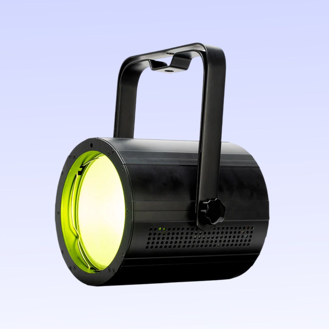 Angled front view of ADJ COB227 COB Cannon LP200STX Wash with yellow light on purple background