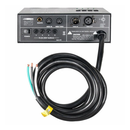 Rear view of ADJ Cyber Pak Stage Lighting Controller with its built-in cables on white background
