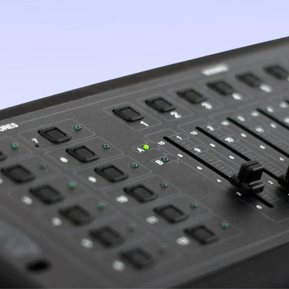 Close up view of ADJ DMX Operator Lighting Controller on lilac background