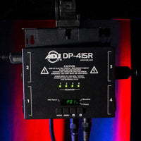 Front view of ADJ DP-415R 4-Channel DMX Dimmer / Switch Pack with cables attached while hanging in venue