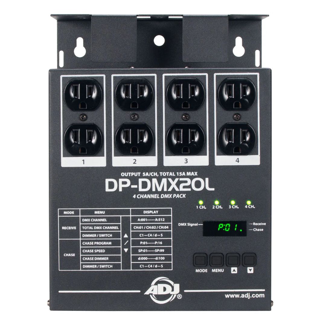 Front view of ADJ DP-DMX20L 4-Channel DMX Dimmer Pack on white background