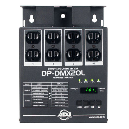 Front view of ADJ DP-DMX20L 4-Channel DMX Dimmer Pack on white background