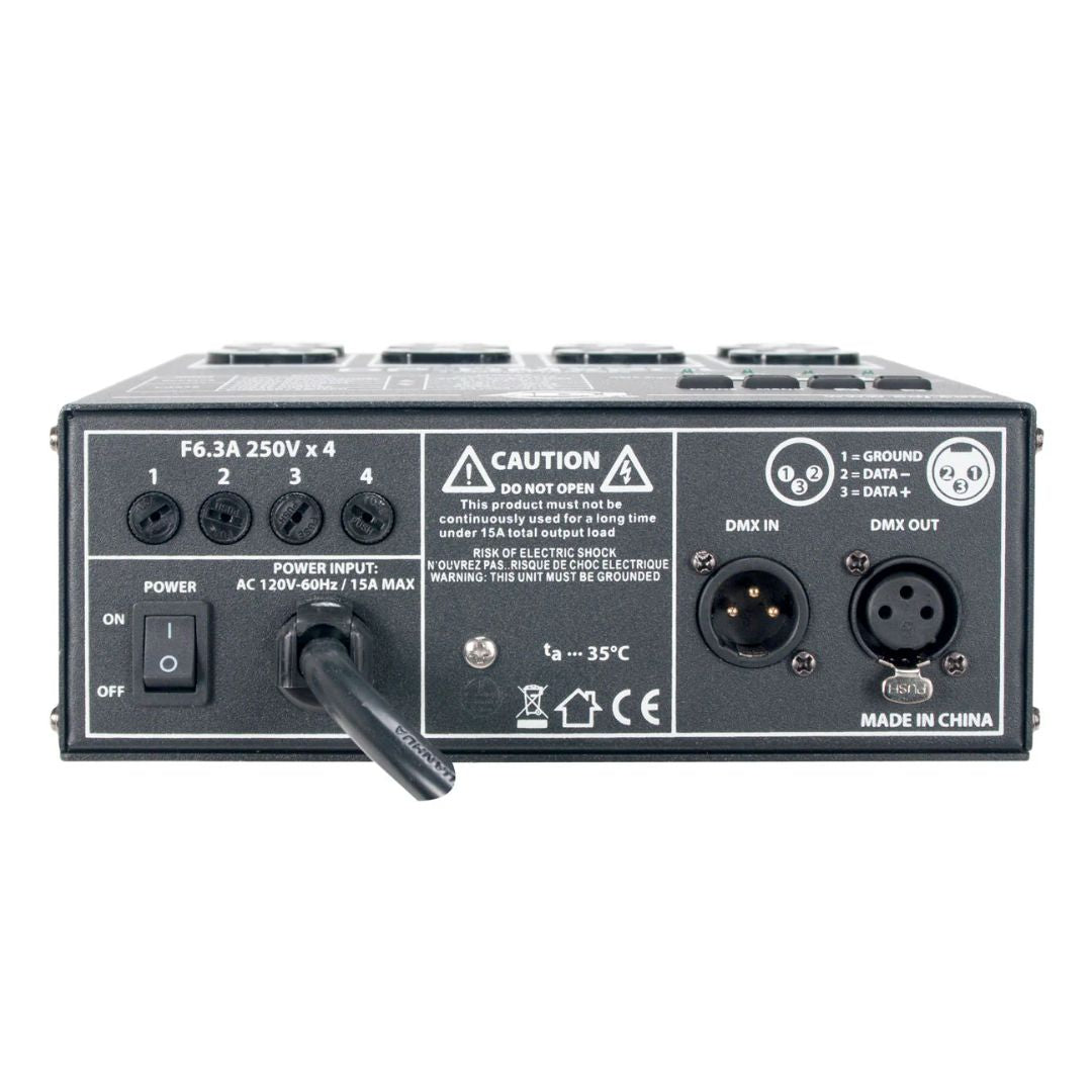 Bottom ports view of ADJ DP-DMX20L 4-Channel DMX Dimmer Pack on white background