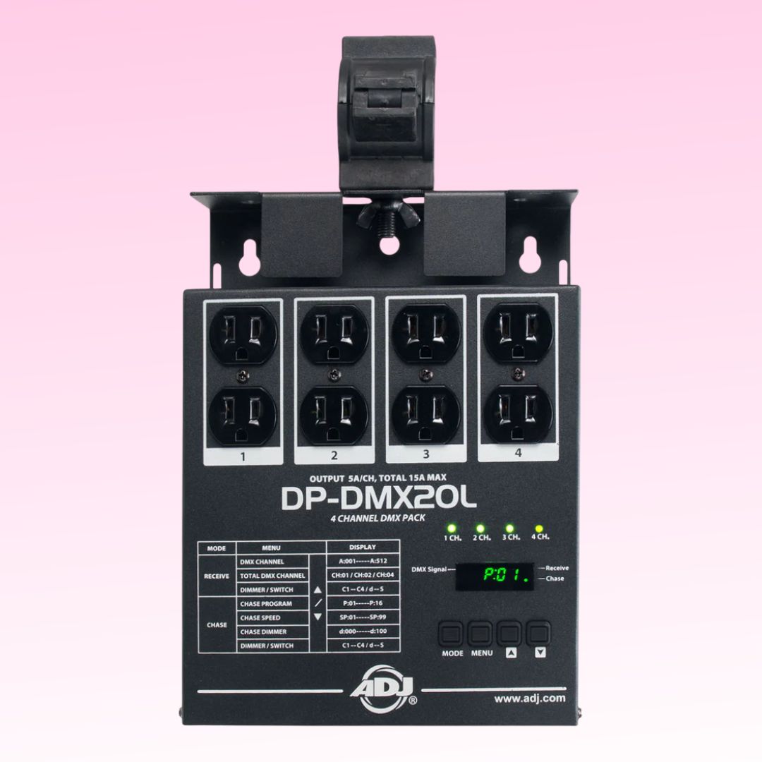 Front view of ADJ DP-DMX20L 4-Channel DMX Dimmer Pack with hanging bracket attached on pink background