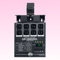 Front view of ADJ DP-DMX20L 4-Channel DMX Dimmer Pack with hanging bracket attached on pink background