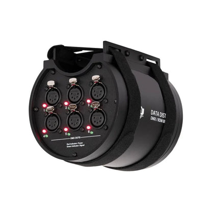 Angled front view of ADJ Data Distro 6 DMX and RDM Data Splitter on white background