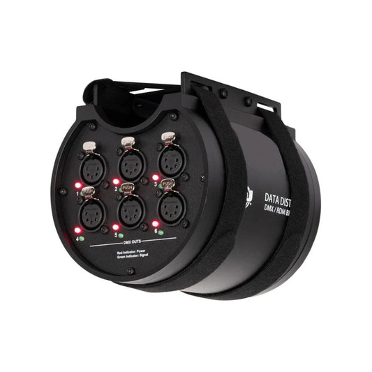 Angled front view of ADJ Data Distro 6 DMX and RDM Data Splitter on white background