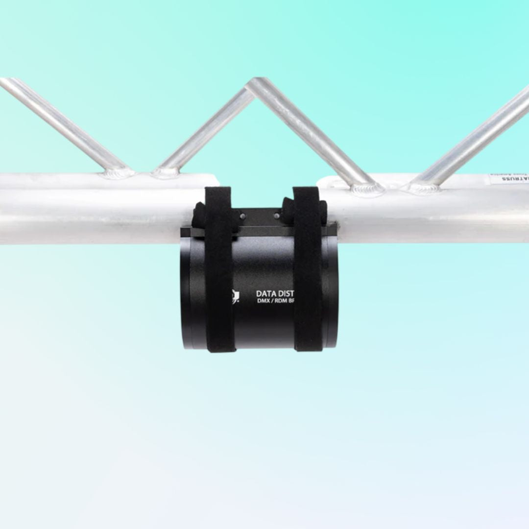 ADJ Data Distro 6 DMX and RDM Data Splitter Strapped on beam on blue background